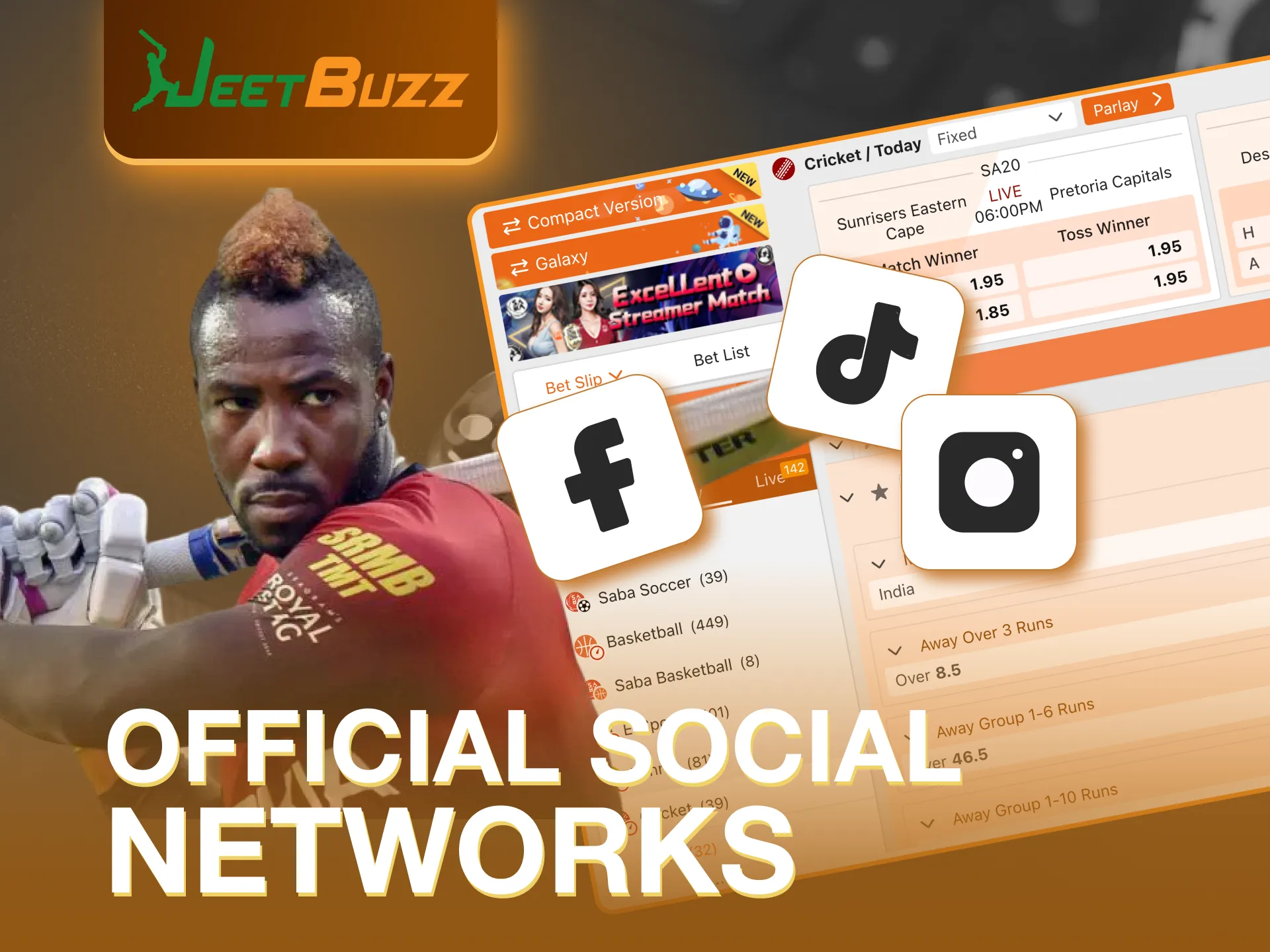 Subscribe to Andre Russell's social media for JeetBuzz news.