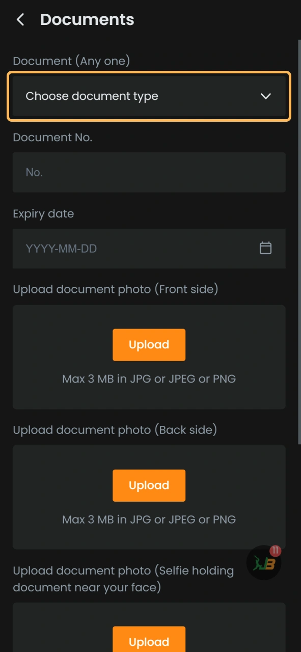 Click on this field to choose document type to verify yourself at JeetBuzz.