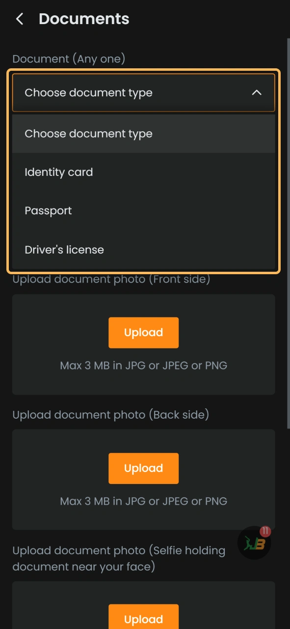 Choose document from the list to verify yourself at JeetBuzz.